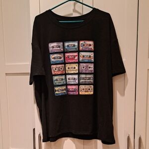 Retro Style Black T-Shirt with Colorful Cassette Design Unisex